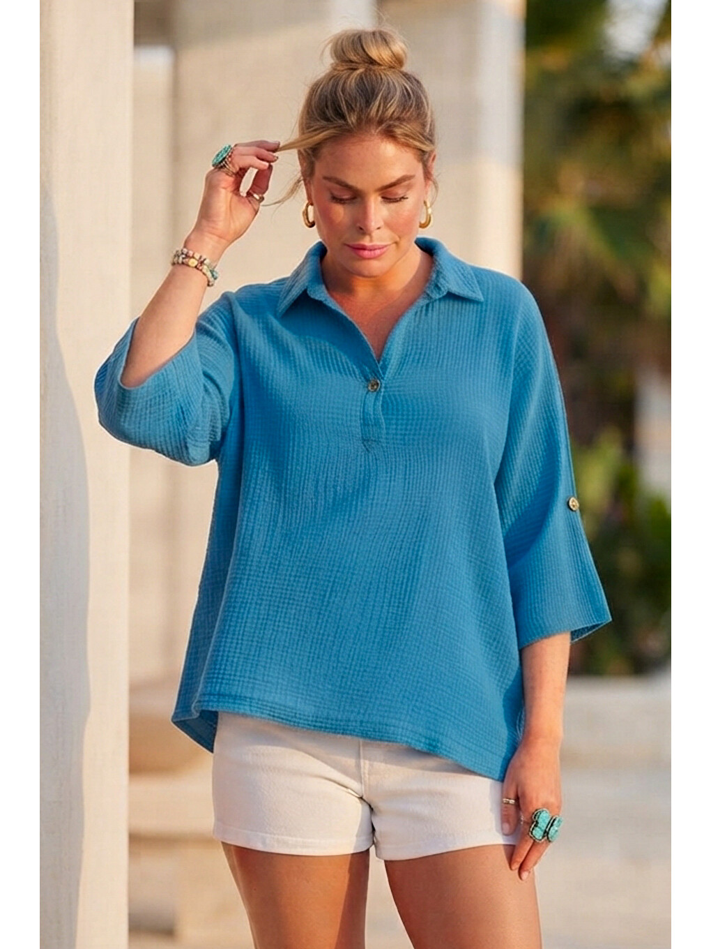 Mavi Gömlek Yaka Düğmeli 3/4 Kol Casual Müslin Oversize Dokuma 67 55-5