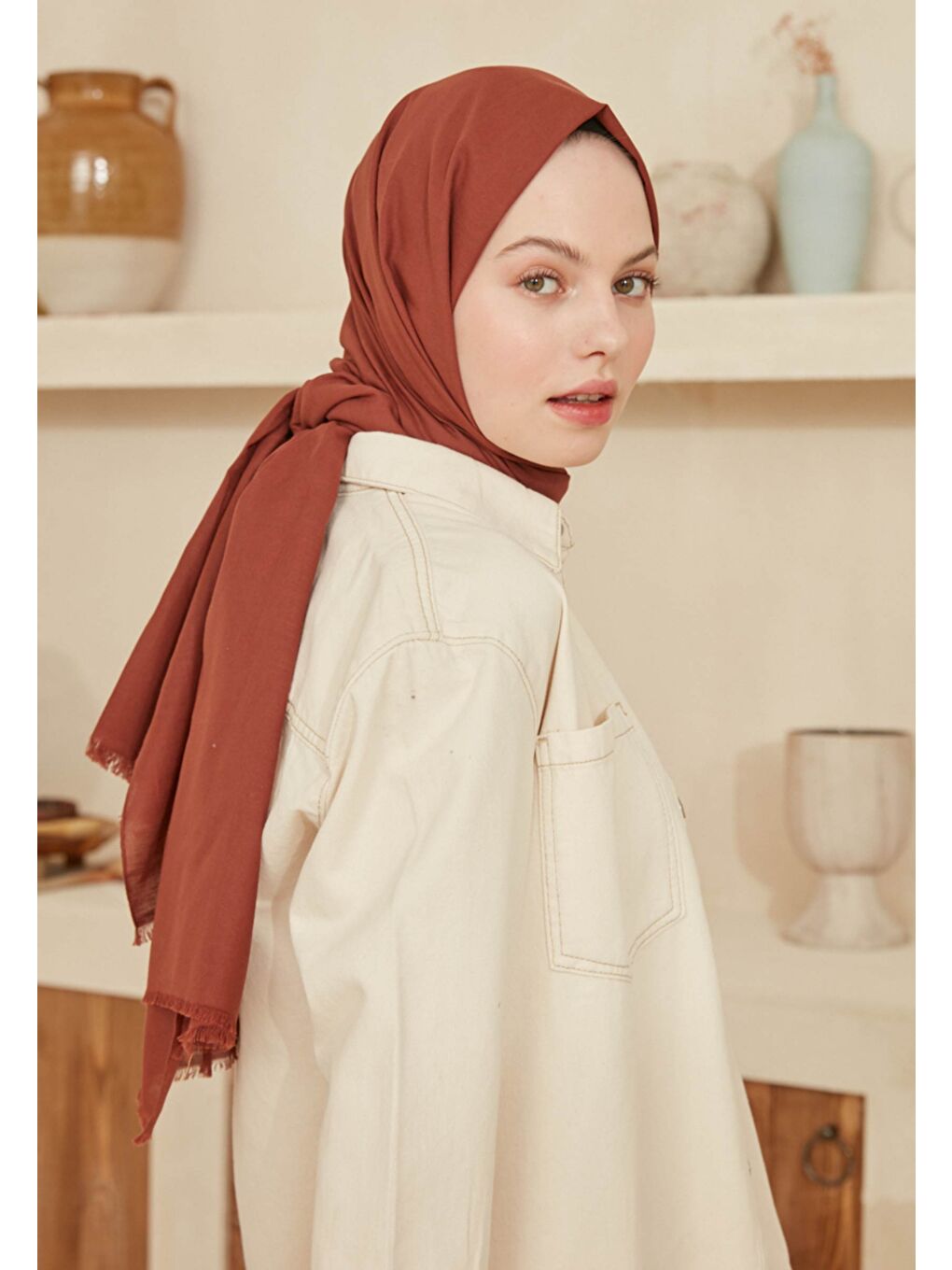 Turuncu İnce Pamuk Vual Şal Bakır