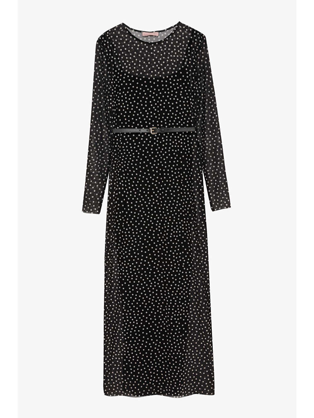 Kemer Aksesuarlı Puantiyeli Transparan Midi Elbise Siyah-1