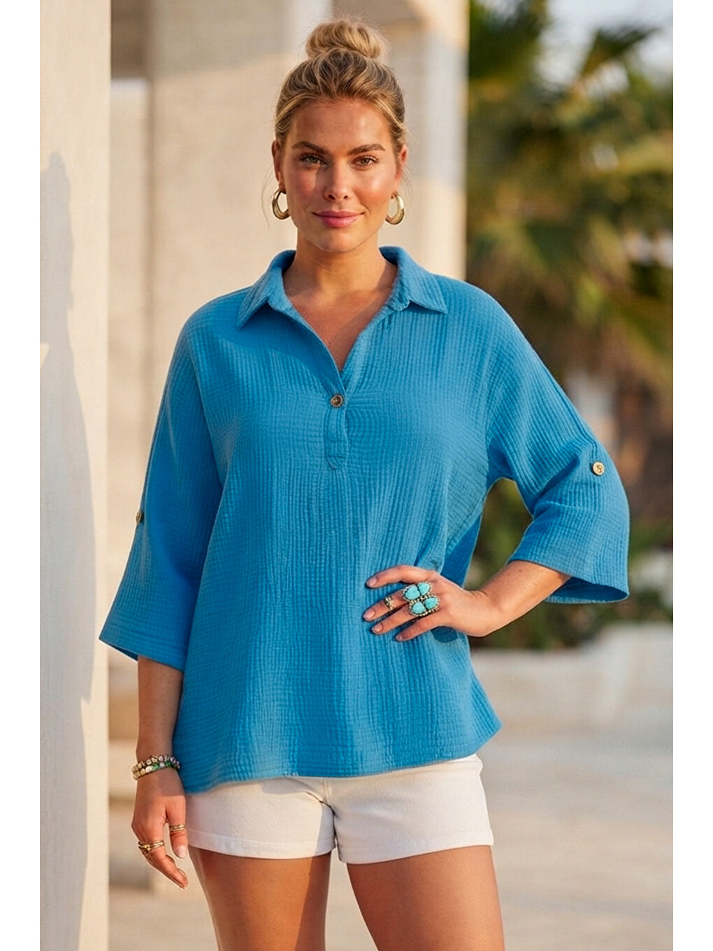 Mavi Gömlek Yaka Düğmeli 3/4 Kol Casual Müslin Oversize Dokuma 67 55-6