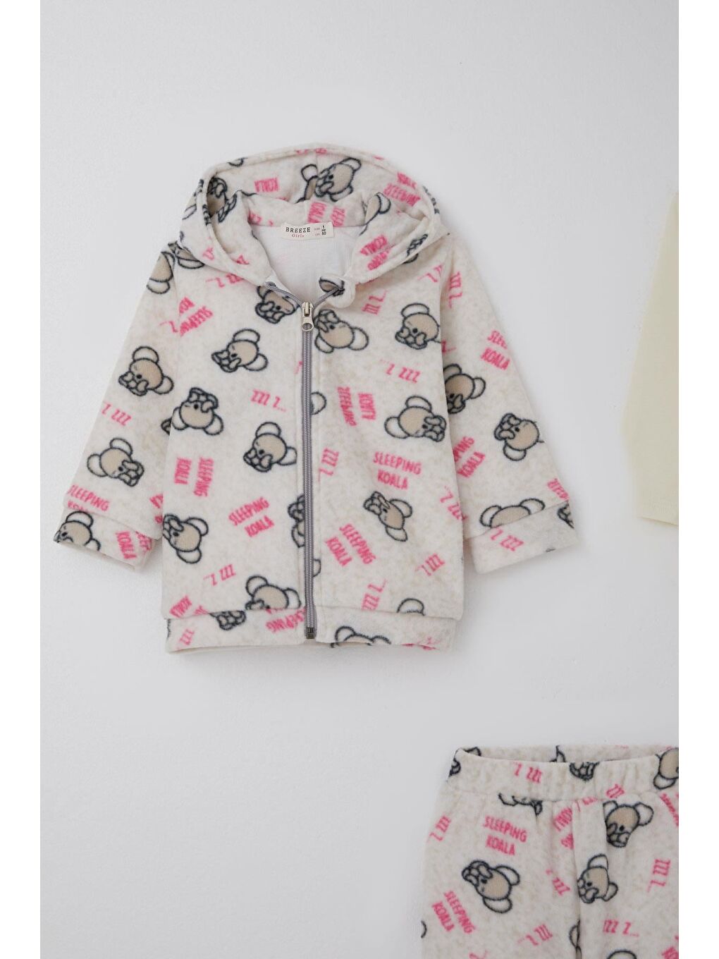 Kız Bebek Polar 3 Lü Bodyli Takım Uykucu Koala Desenli Kapüşonlu Bej Melanj (4 Ay-1 Yaş)-2