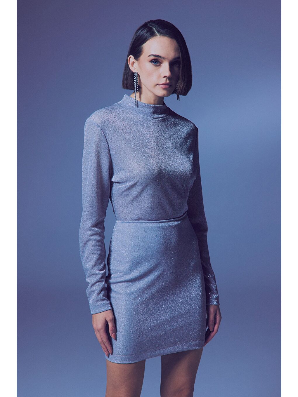 Gri Dik Yaka Simli Bodysuit - Gümüş-2