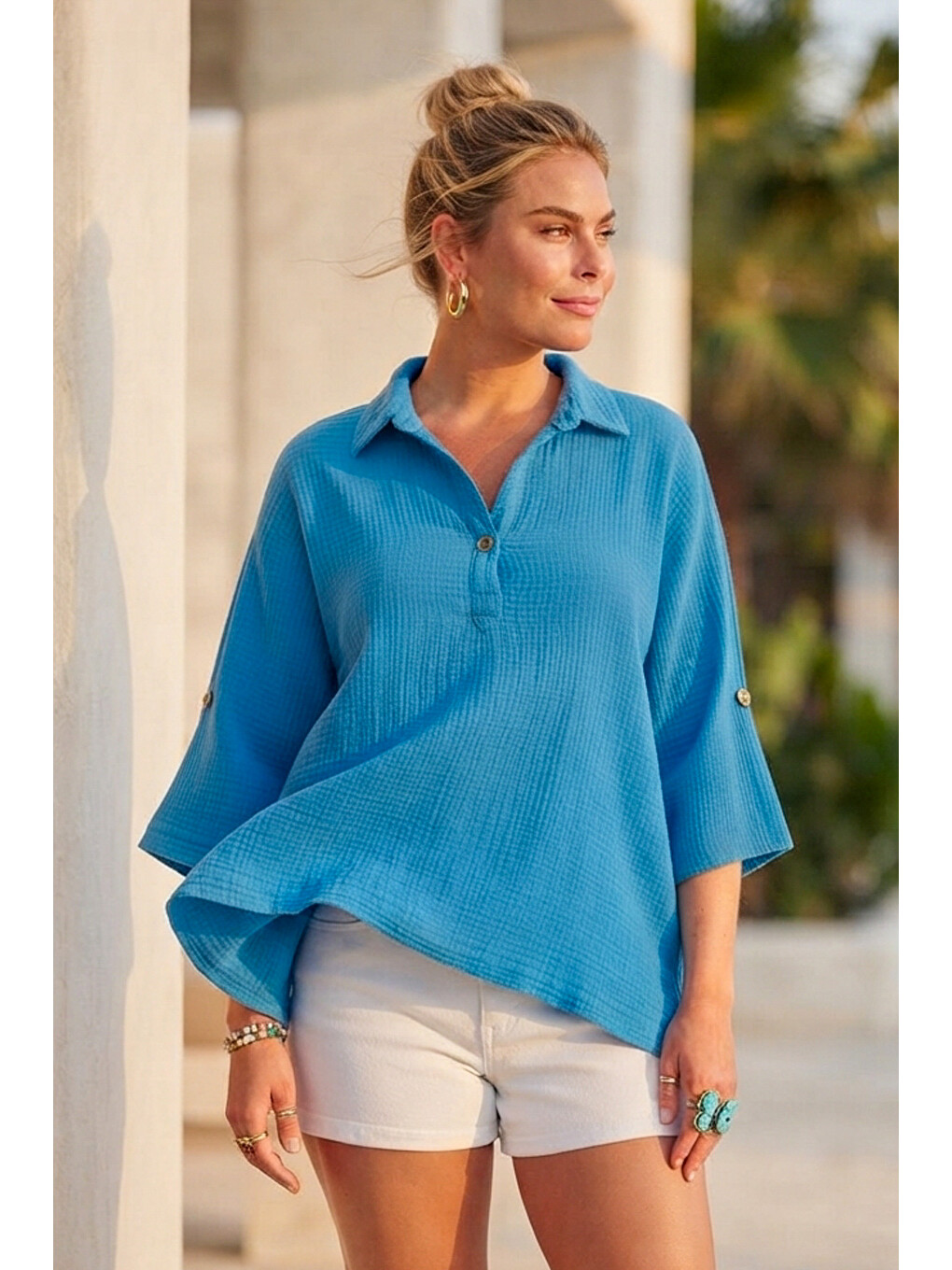 Mavi Gömlek Yaka Düğmeli 3/4 Kol Casual Müslin Oversize Dokuma 67 55-7