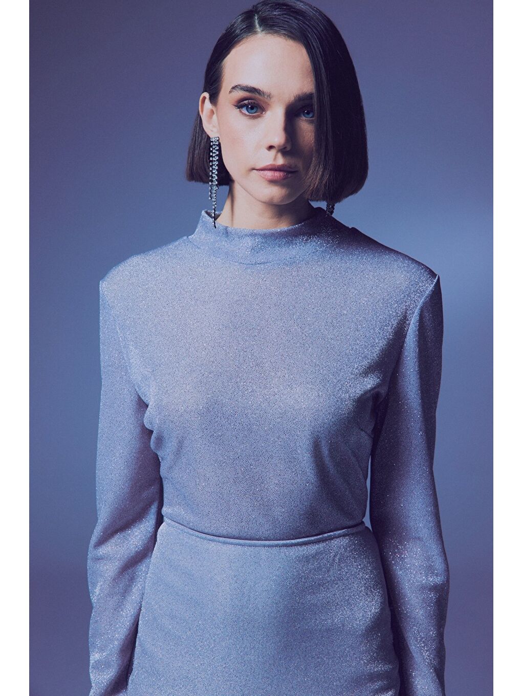 Gri Dik Yaka Simli Bodysuit - Gümüş-3