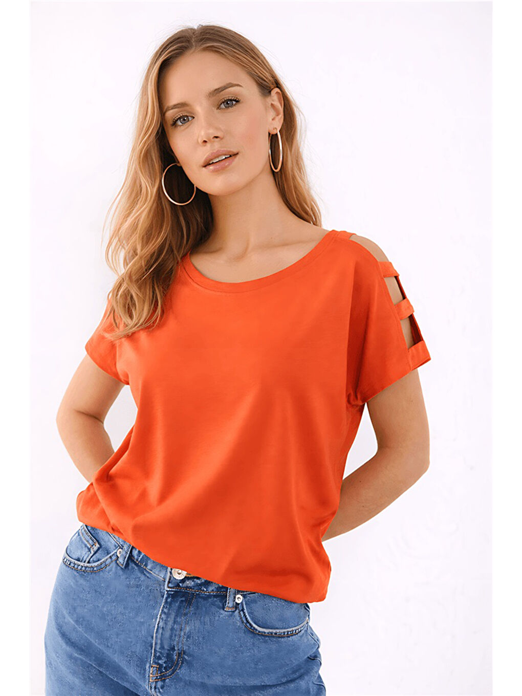 Mercan Pamuk ve Modal Karışımlı Omuz Detaylı Kadın T Shirt 26Y0195K1