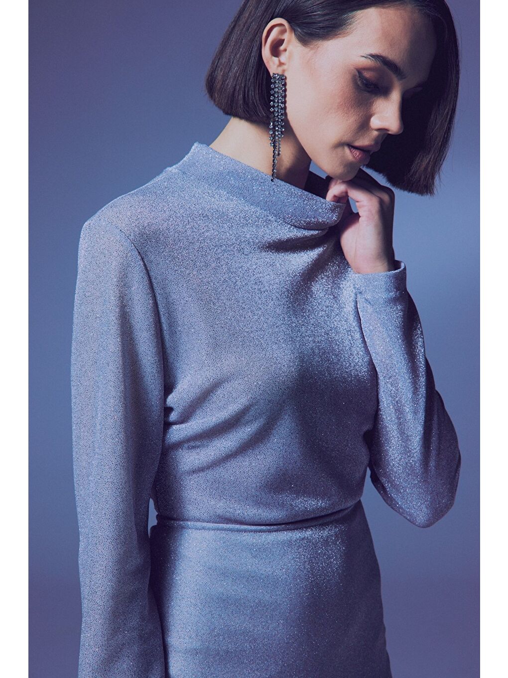 Gri Dik Yaka Simli Bodysuit - Gümüş-5