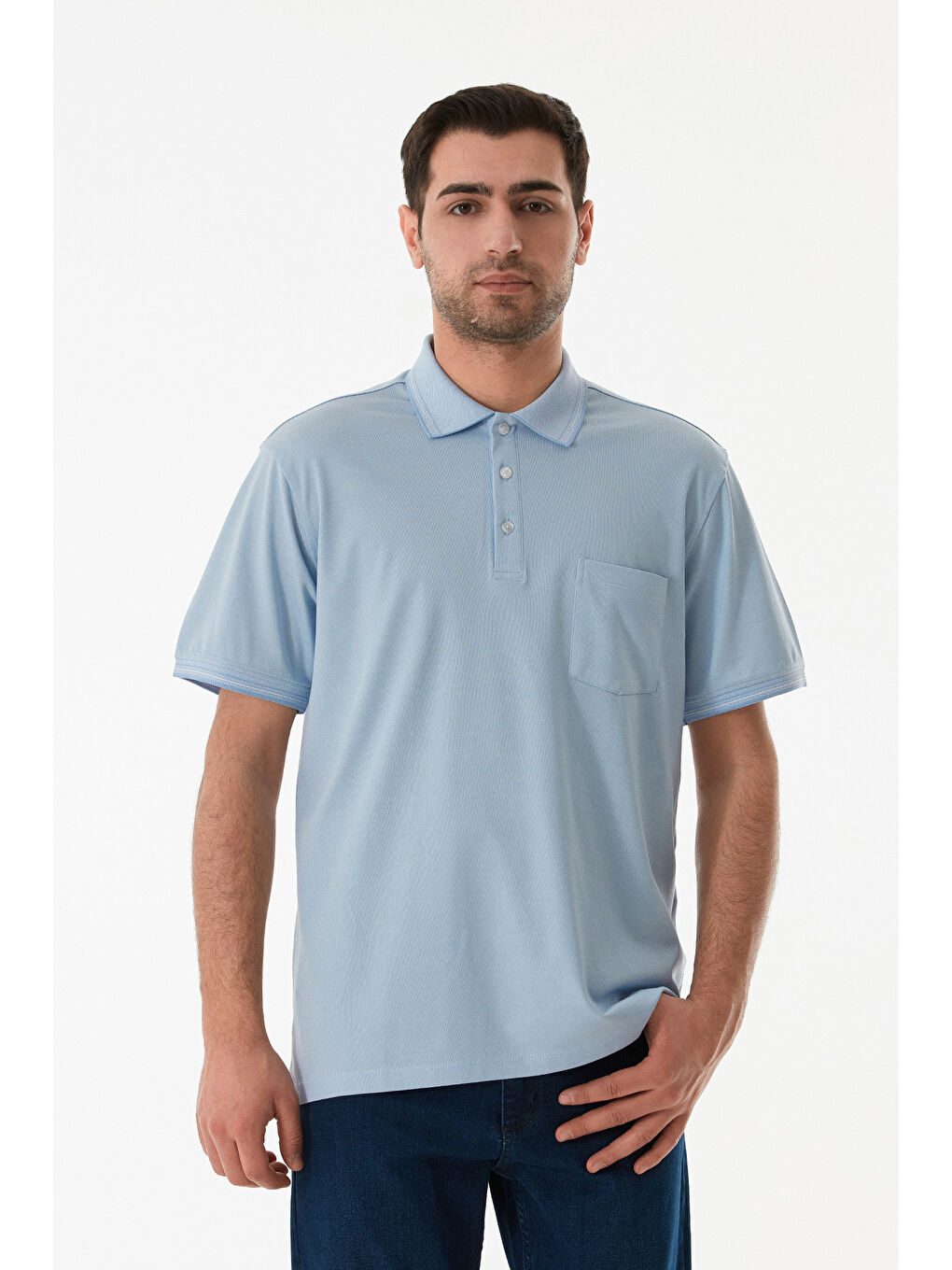 Mavi Cepli Düğmeli Polo Yaka Tişört
