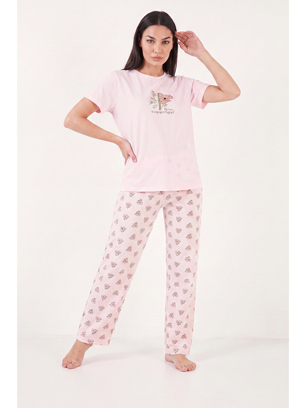 Pembe % 100 Pamuk Regular Fit Desenli Bisiklet Yaka Kadın Pijama Takımı 65790784-1