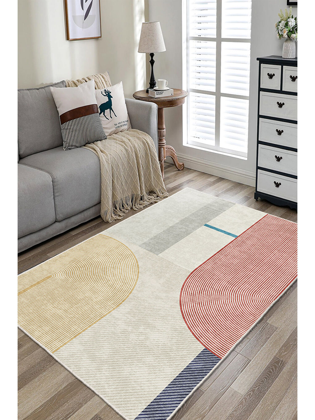 Bej Dekoratif Özel Tasarım Yıkanabilir İnce Kaymaz Tabanlı Modern Halı KECE FR49-1