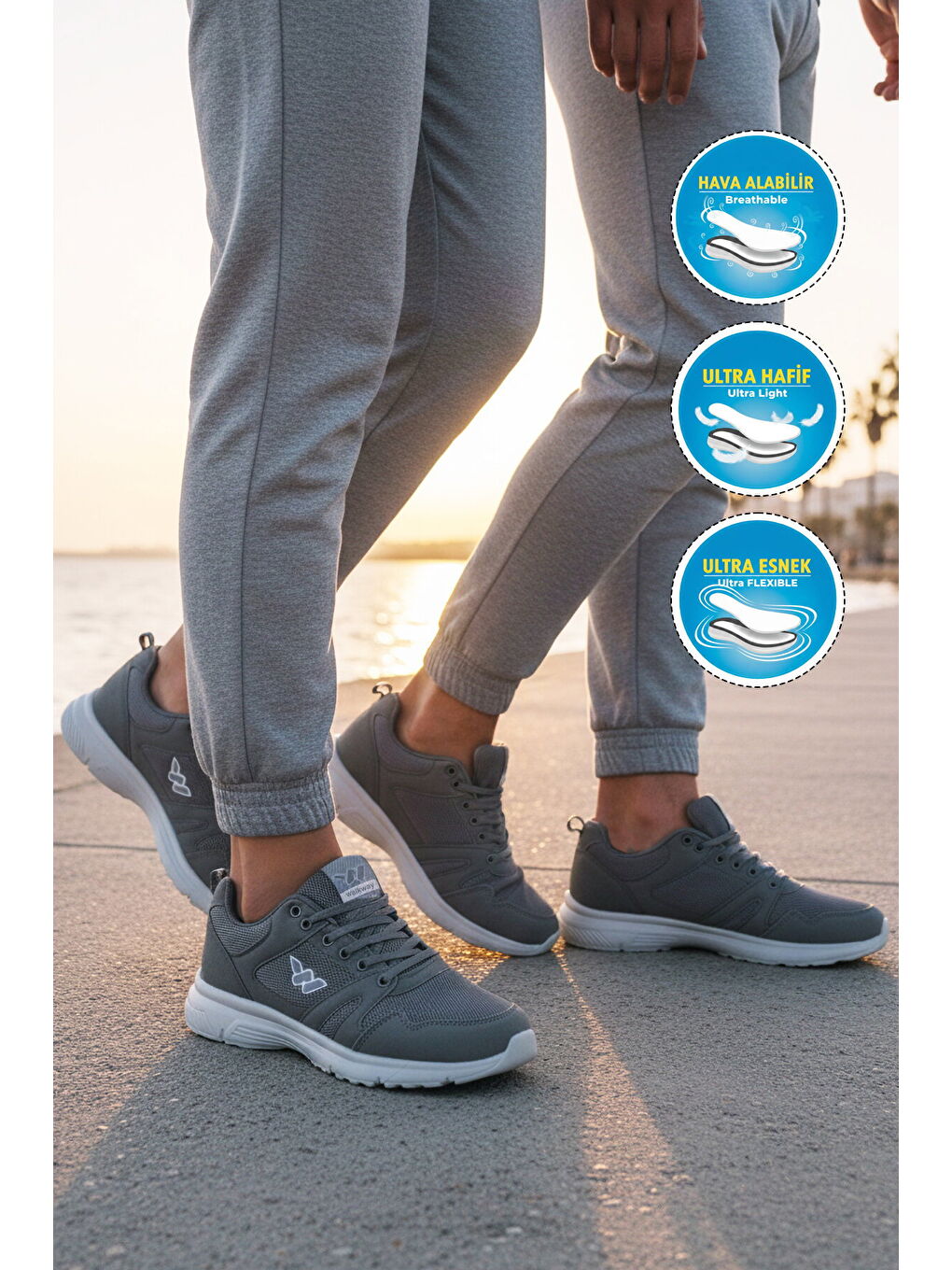 Gri Füme Fileli Hafif Bağcıklı Esnek Unisex Spor Ayakkabı 020 G-2