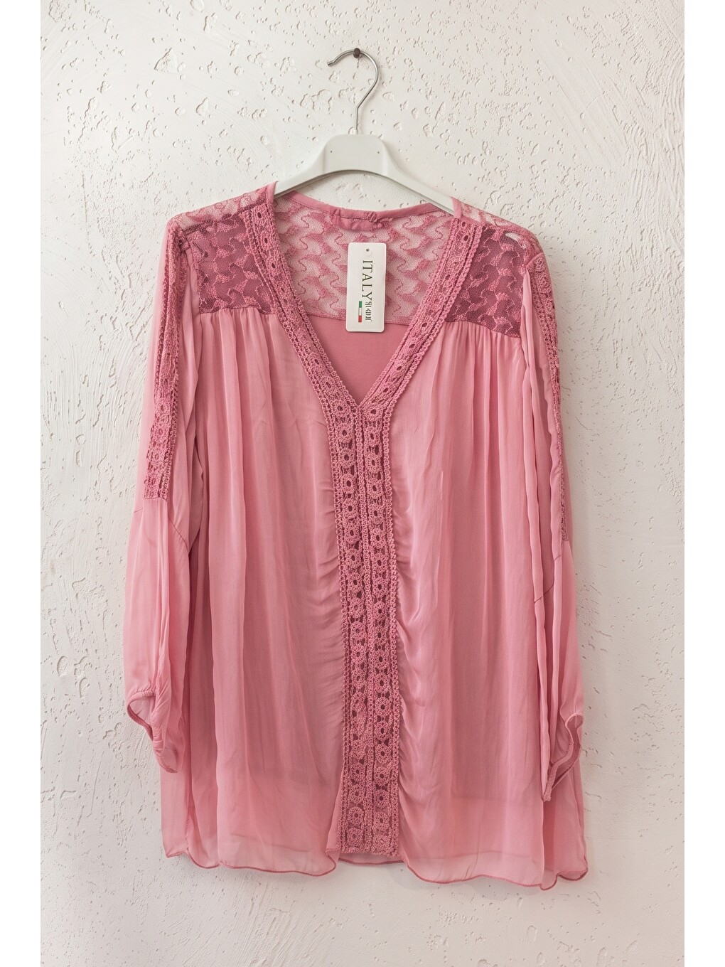 Pembe İtalyan Gül Kurusu Dantel Yaka 3/4 Kol Astarlı Casual İpek Dokuma Bluz 67 57-1