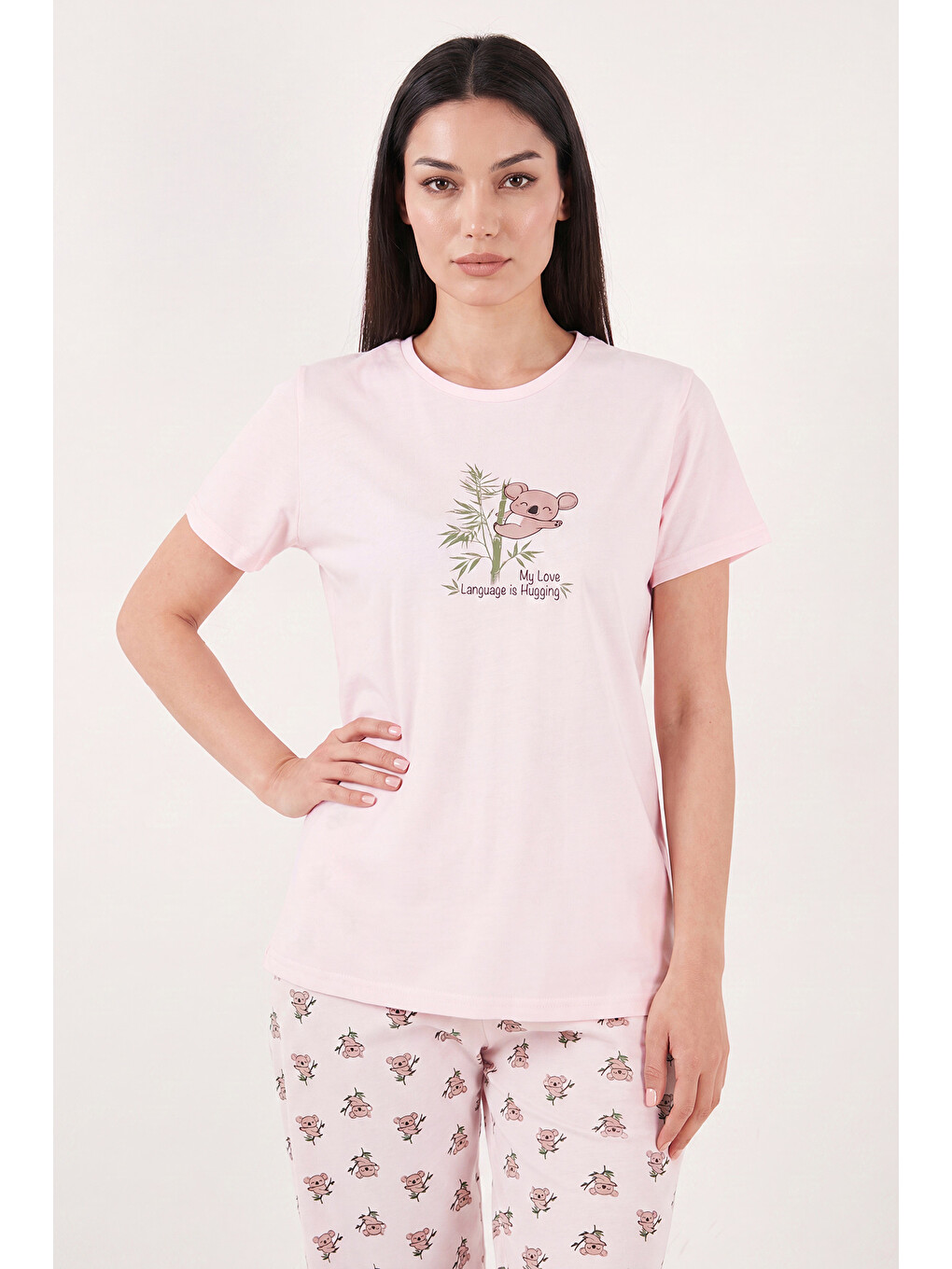 Pembe % 100 Pamuk Regular Fit Desenli Bisiklet Yaka Kadın Pijama Takımı 65790784-2