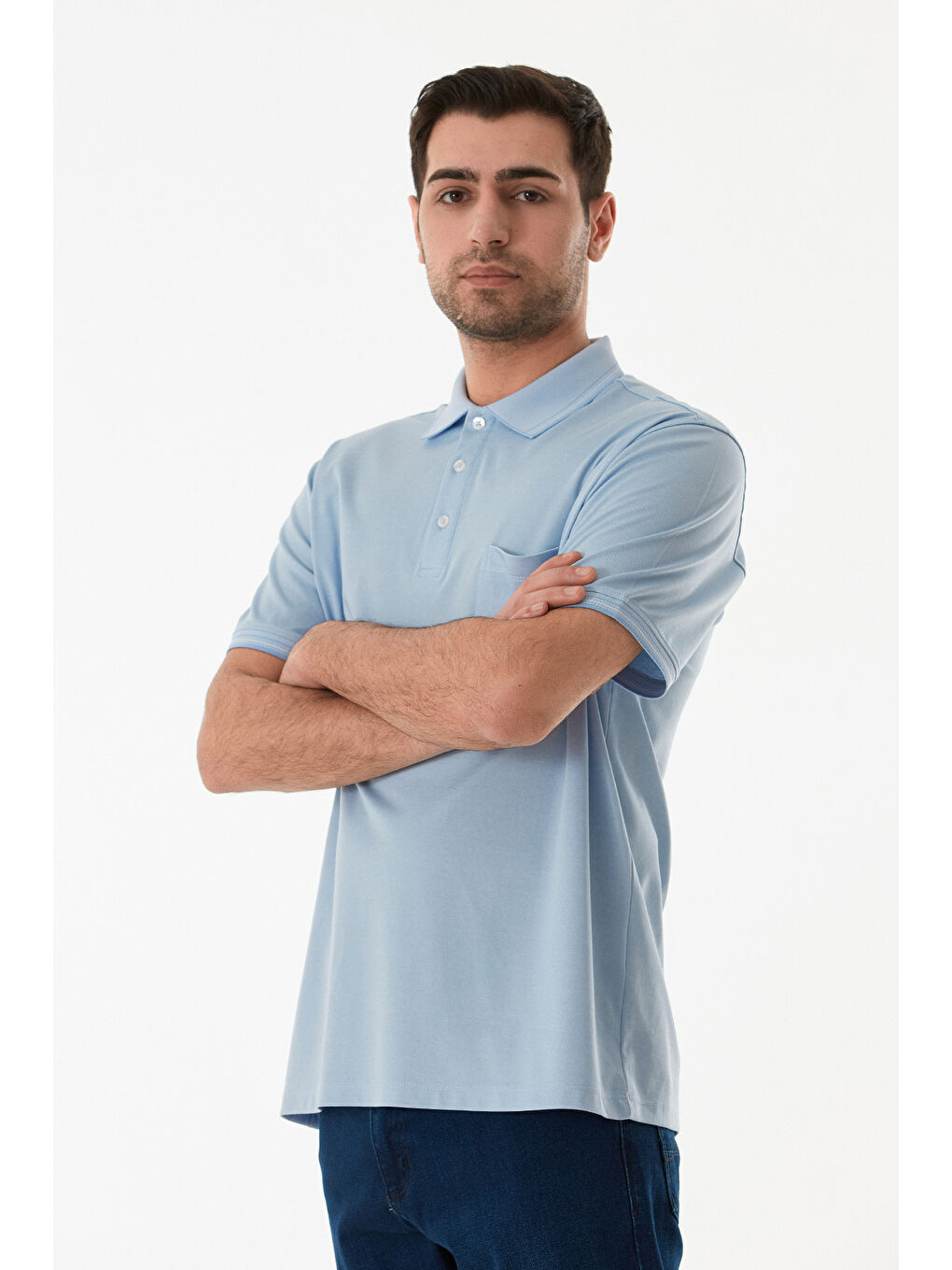 Mavi Cepli Düğmeli Polo Yaka Tişört-1