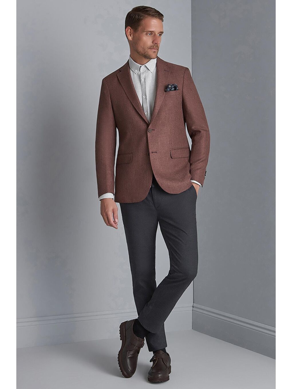 Erkek Bordo Slim Fit / Dar Kalıp Mono Yaka Ceket