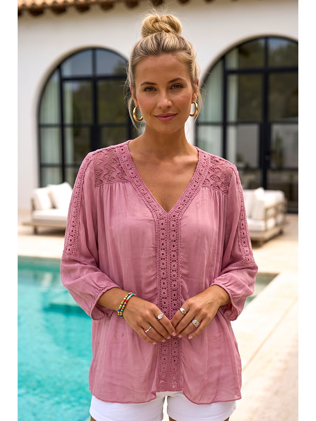 Pembe İtalyan Gül Kurusu Dantel Yaka 3/4 Kol Astarlı Casual İpek Dokuma Bluz 67 57-3