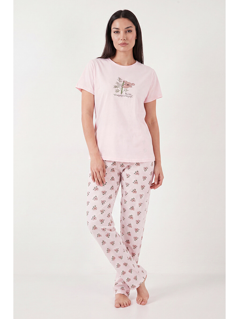 Pembe % 100 Pamuk Regular Fit Desenli Bisiklet Yaka Kadın Pijama Takımı 65790784-3