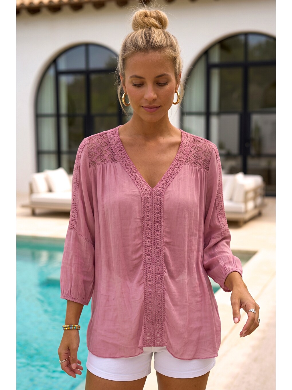 Pembe İtalyan Gül Kurusu Dantel Yaka 3/4 Kol Astarlı Casual İpek Dokuma Bluz 67 57-4