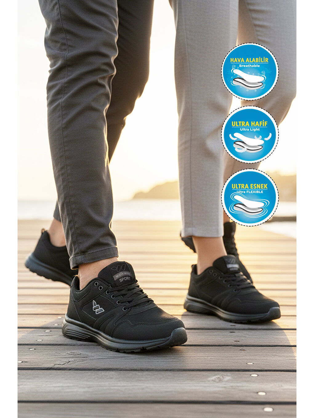 Siyah Fileli Hafif Bağcıklı Esnek Unisex Spor Ayakkabı 020 G-2