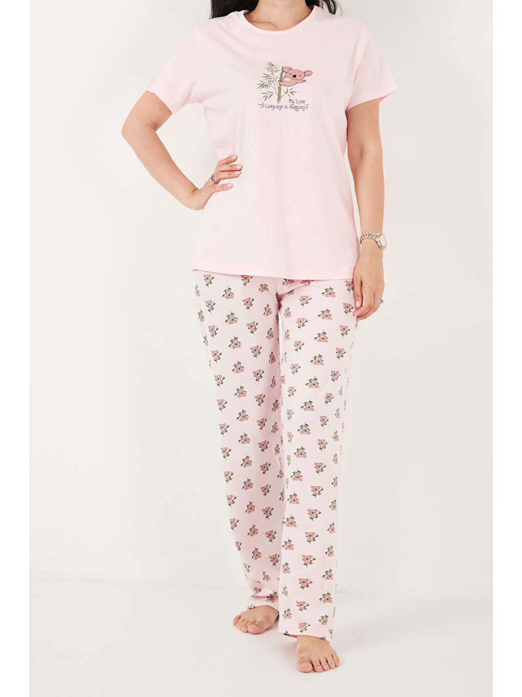 Pembe % 100 Pamuk Regular Fit Desenli Bisiklet Yaka Kadın Pijama Takımı 65790784-4
