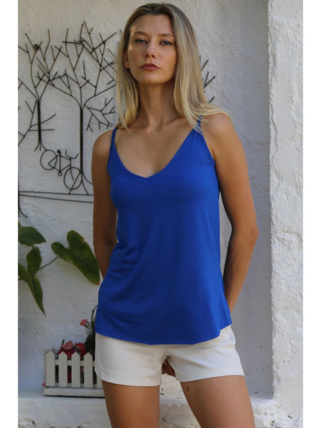 Gece Mavisi V Yaka Askılı Yarım Astarlı Yırtmaçlı Örme Basic Casual Bluz-2