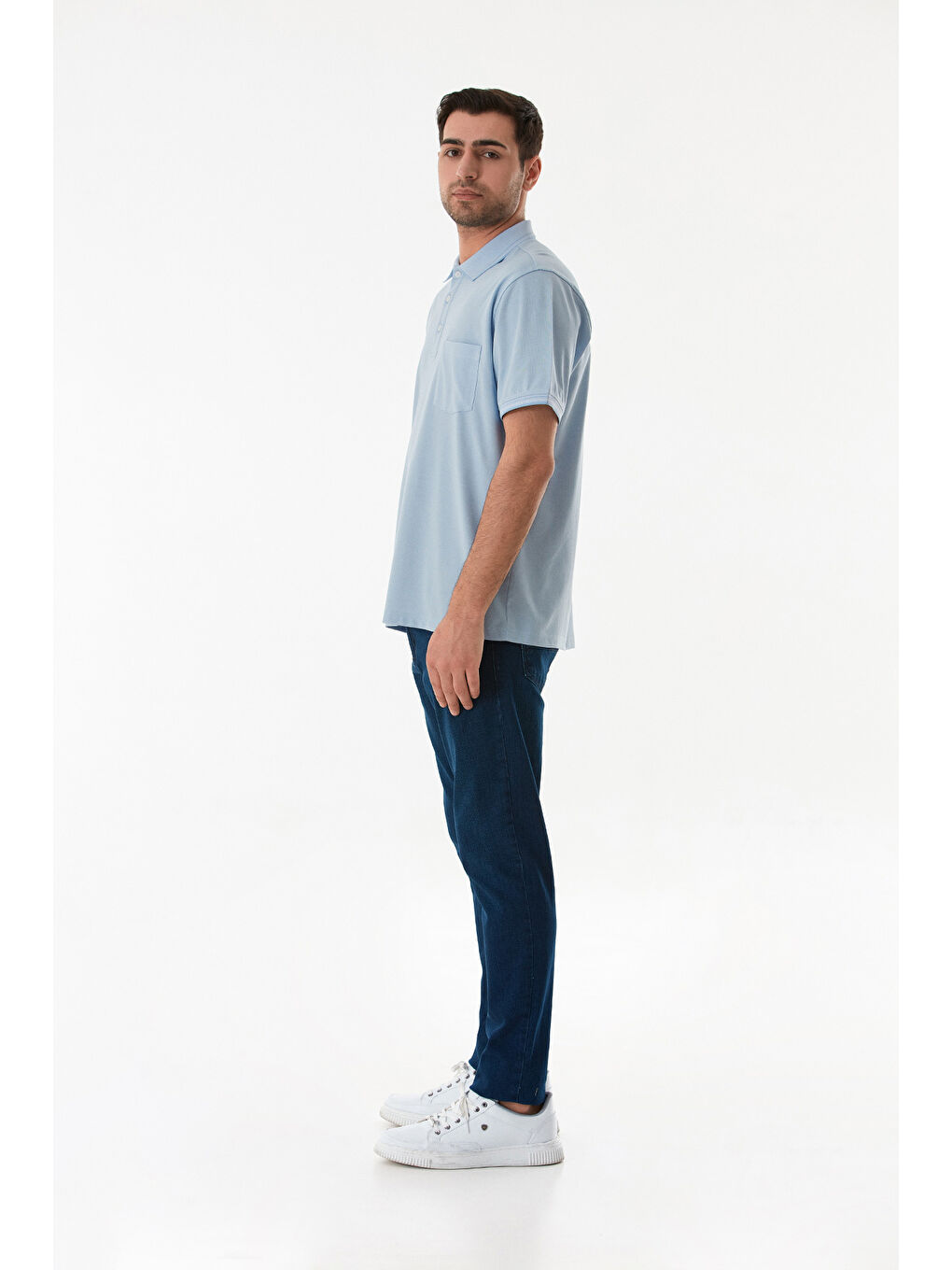 Mavi Cepli Düğmeli Polo Yaka Tişört-2