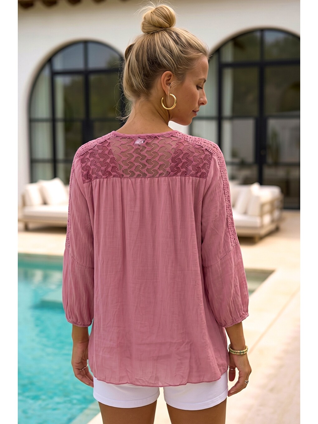 Pembe İtalyan Gül Kurusu Dantel Yaka 3/4 Kol Astarlı Casual İpek Dokuma Bluz 67 57-6
