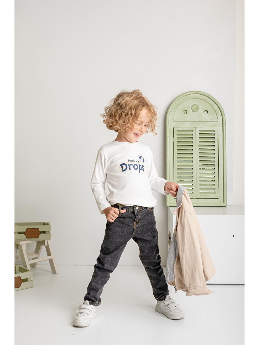 Erkek Çocuk Fermuarlı Yağmurluk Detaylı Üçlü Takım - Bej-4