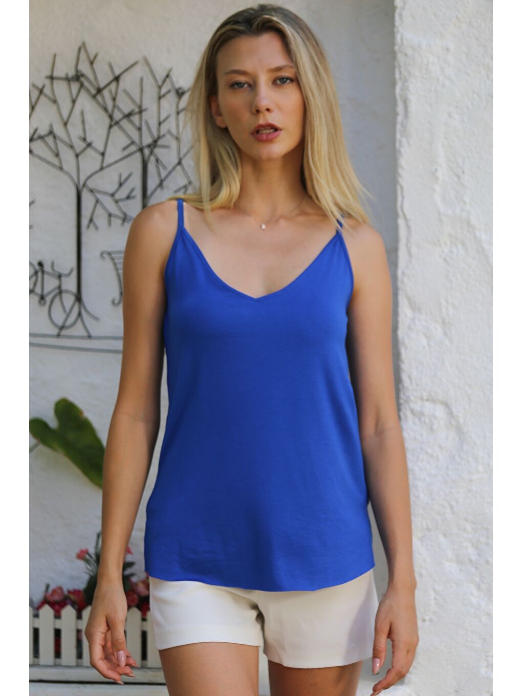 Gece Mavisi V Yaka Askılı Yarım Astarlı Yırtmaçlı Örme Basic Casual Bluz-3