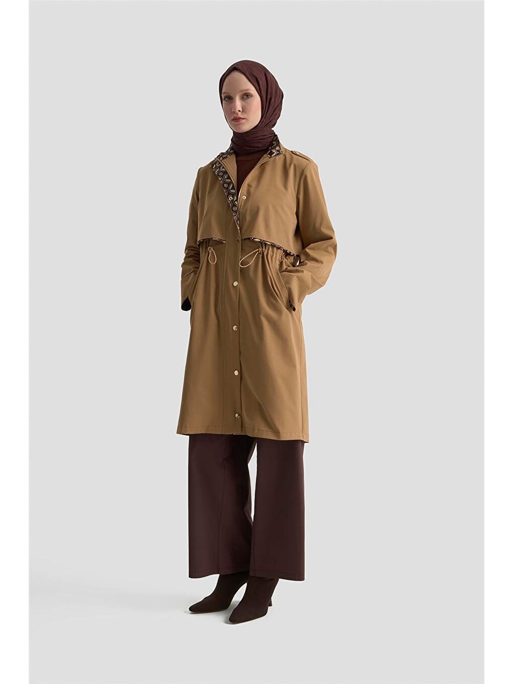 Kahverengi Beli Büzgülü Trençkot 25Kd4029 Camel-1