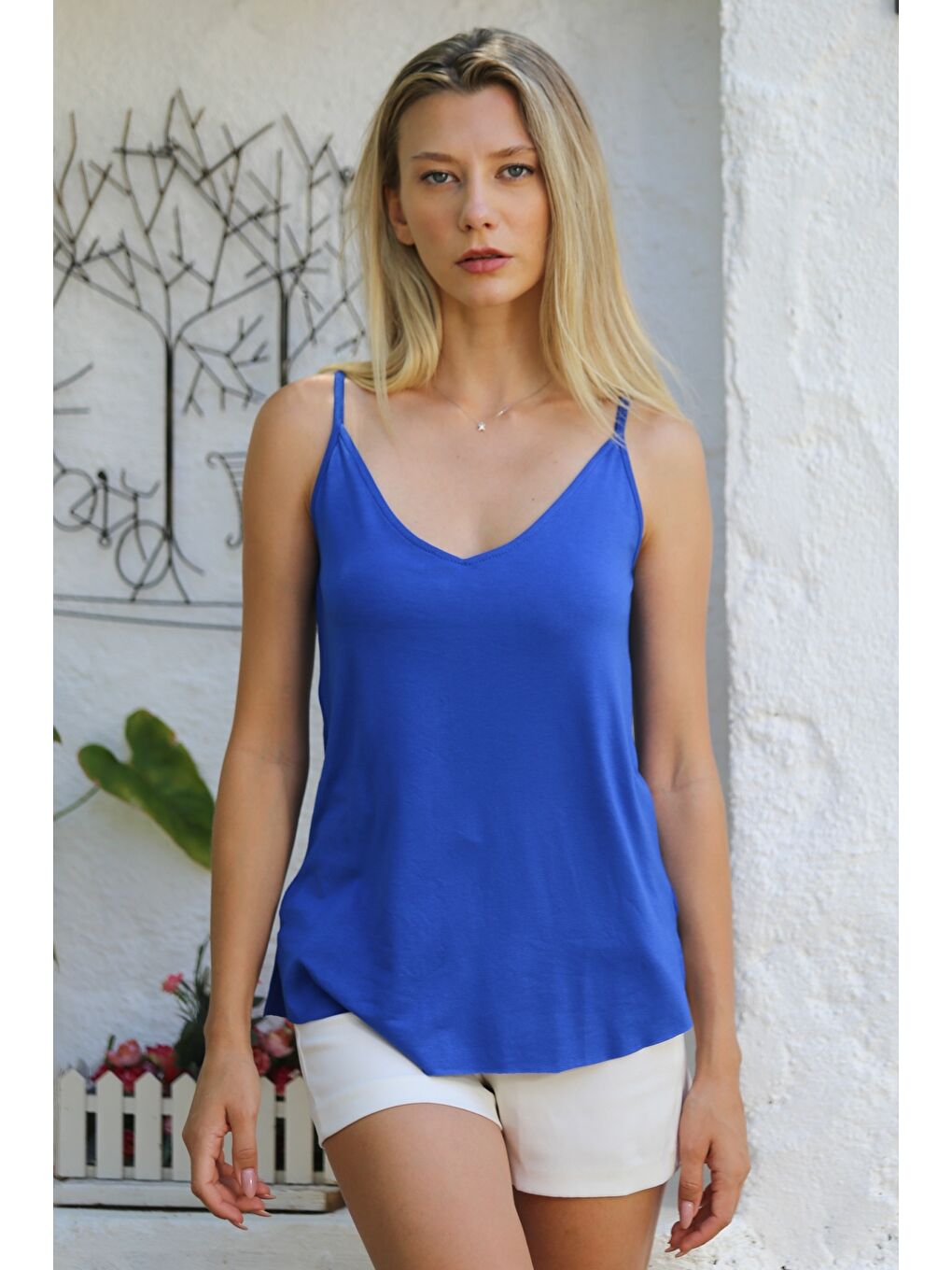 Gece Mavisi V Yaka Askılı Yarım Astarlı Yırtmaçlı Örme Basic Casual Bluz-4