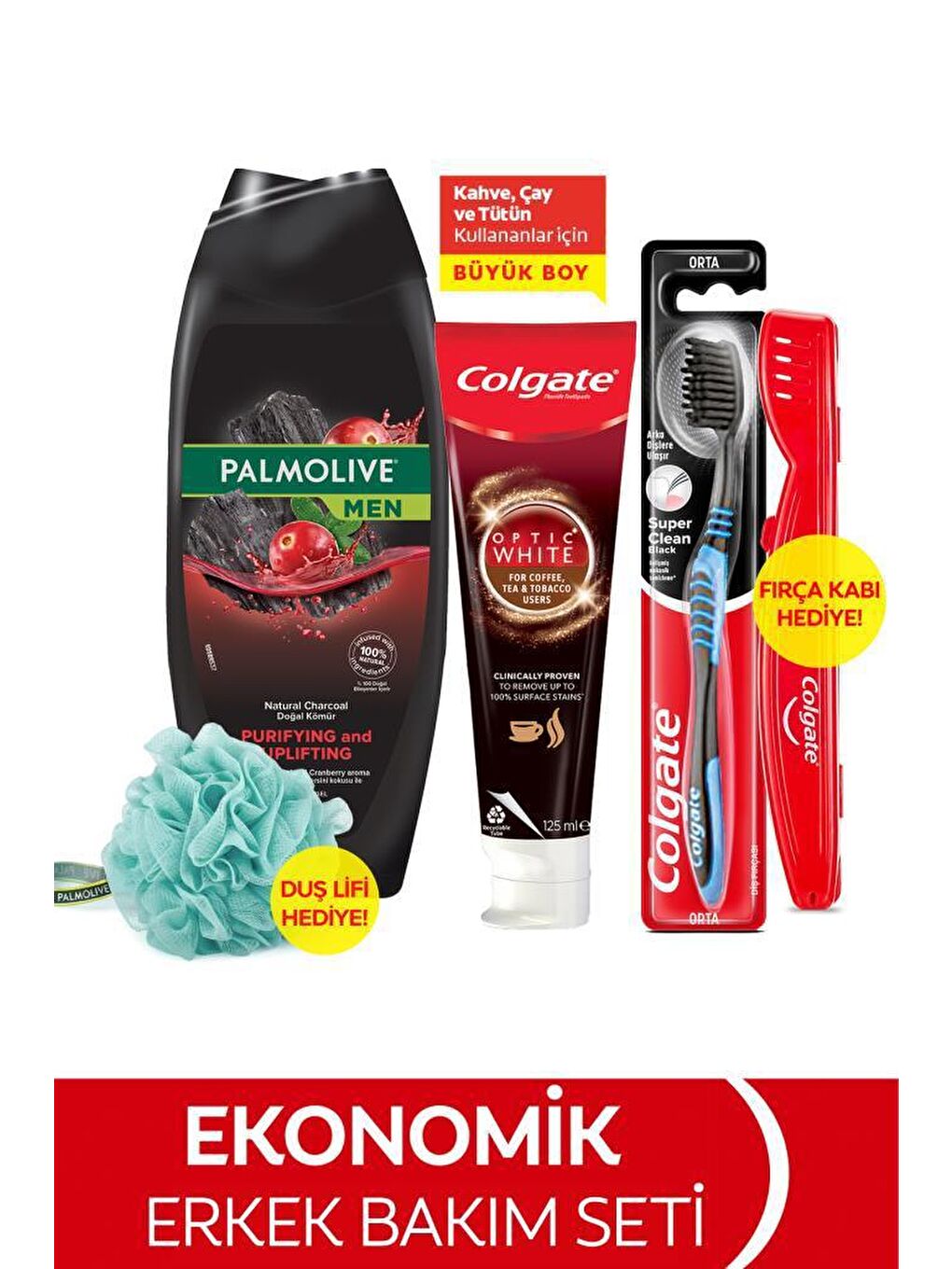 Colgate Diş Macunu 125 ml, Orta Diş Fırçası, Palmolive Men Duş Jeli 500 ml + Duş Lifi & Fırça Kabı