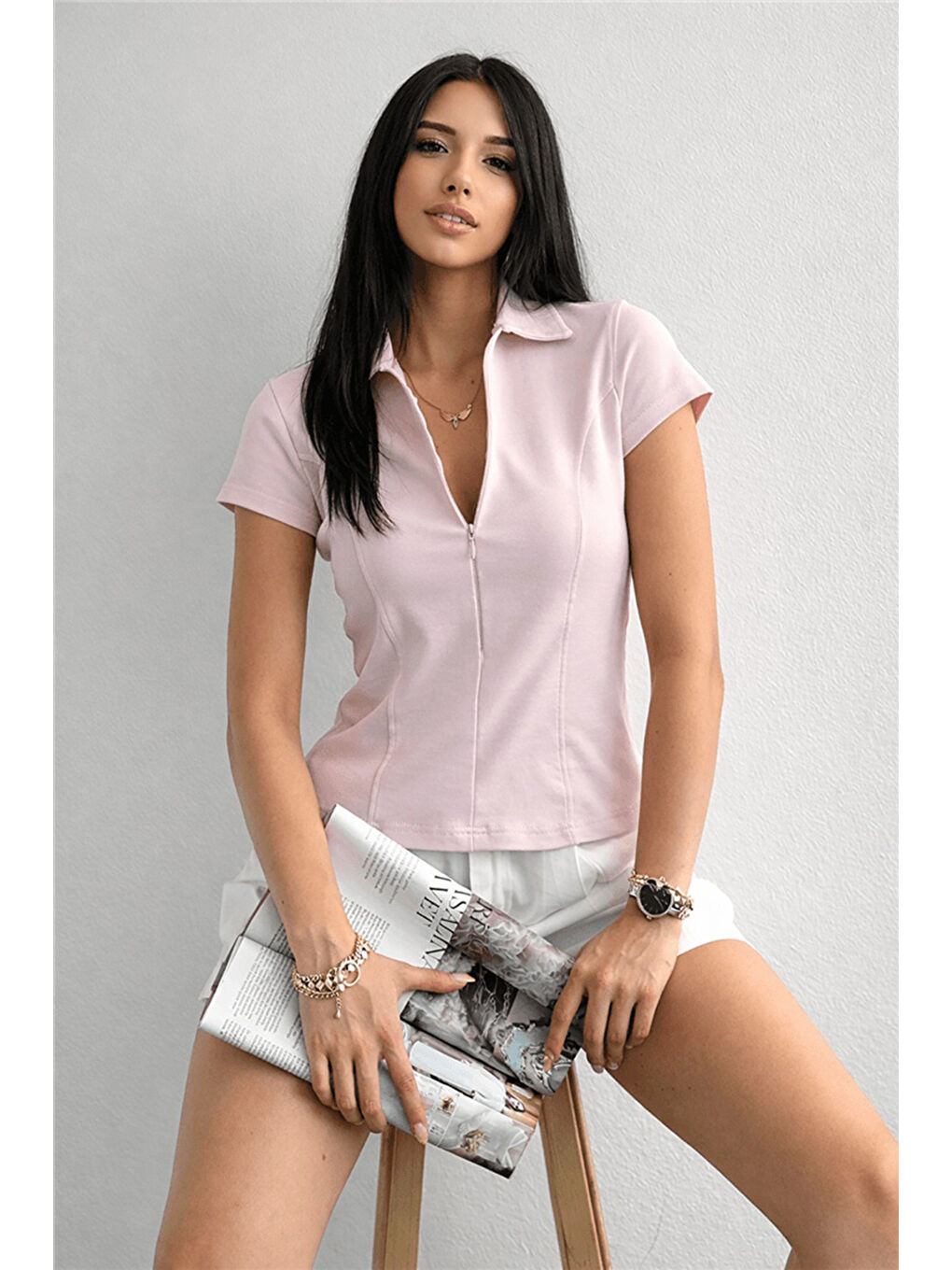 Pembe Pamuklu Fermuarlı Polo Yaka Kadın T Shirt 26Y0332K1