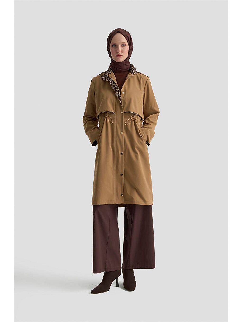 Kahverengi Beli Büzgülü Trençkot 25Kd4029 Camel-2