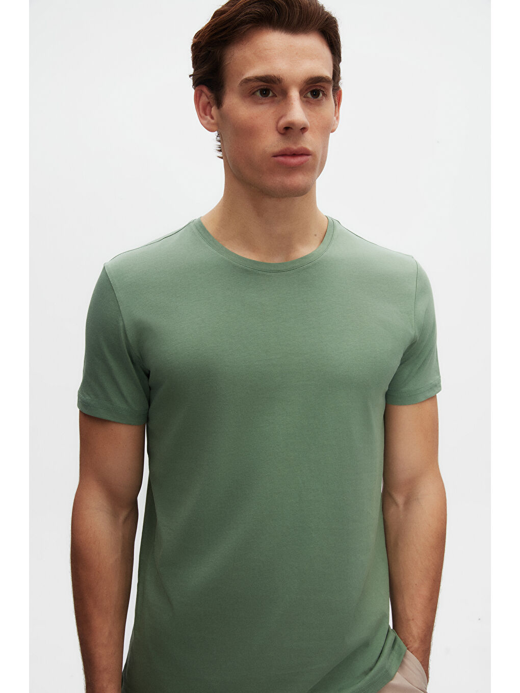 Slim Fit Yeşil Bisiklet Yaka %100 Pamuklu Nefes Alabilen T-Shirt-1