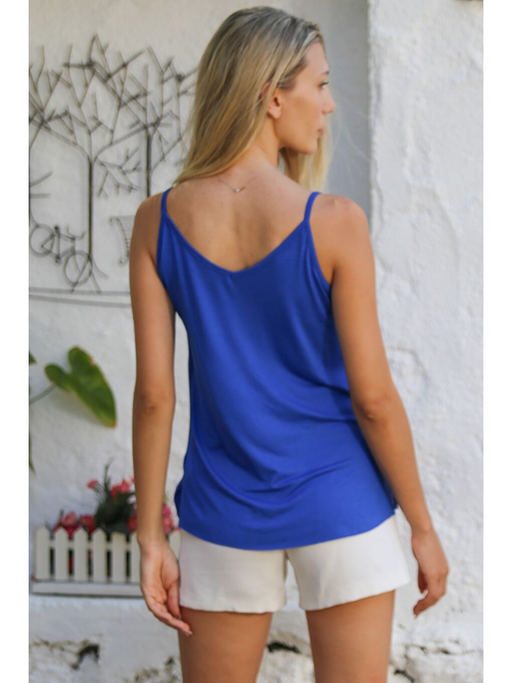 Gece Mavisi V Yaka Askılı Yarım Astarlı Yırtmaçlı Örme Basic Casual Bluz-7