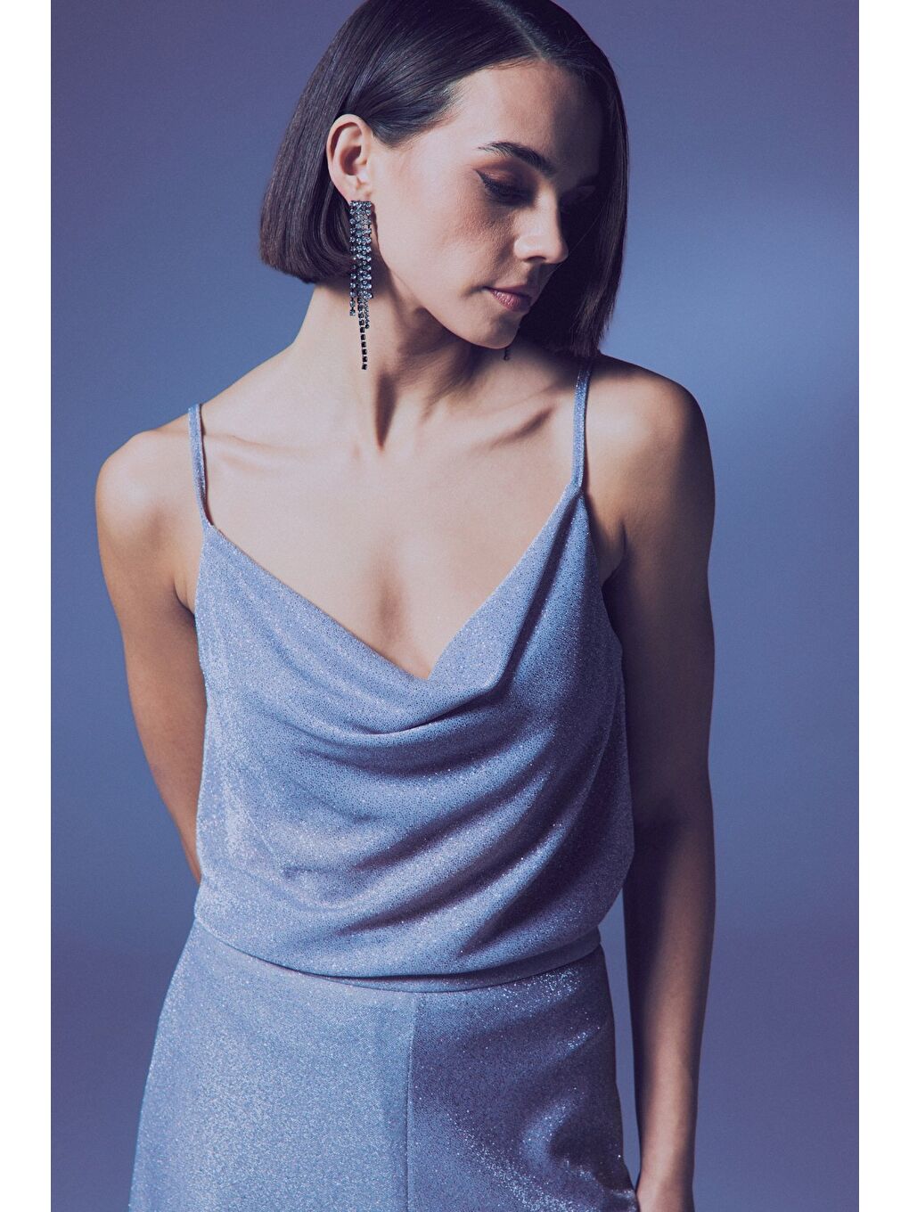 Gri Simli Degaje Yaka Bluz - Gümüş-1