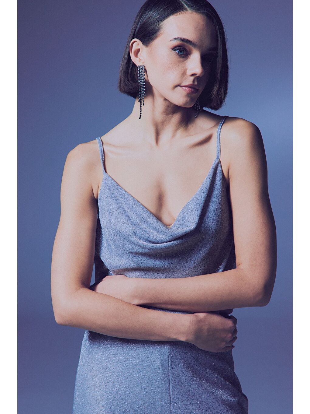 Gri Simli Degaje Yaka Bluz - Gümüş-2