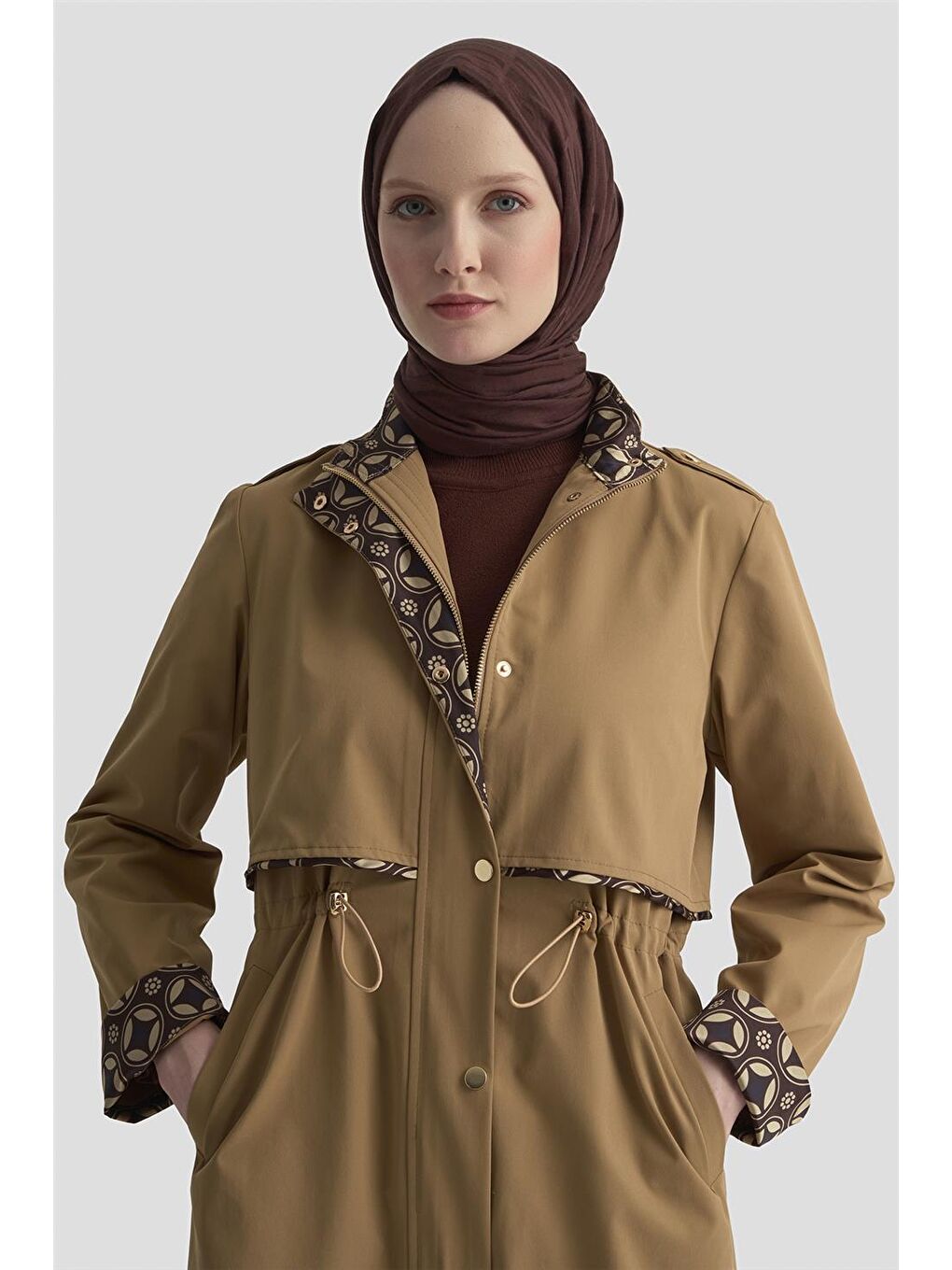 Kahverengi Beli Büzgülü Trençkot 25Kd4029 Camel-4