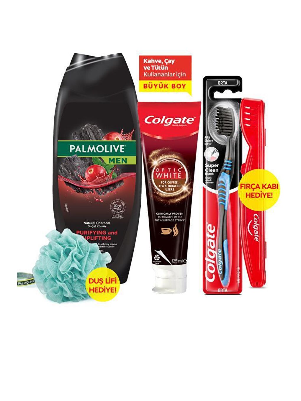 Colgate Diş Macunu 125 ml, Orta Diş Fırçası, Palmolive Men Duş Jeli 500 ml + Duş Lifi & Fırça Kabı - 6