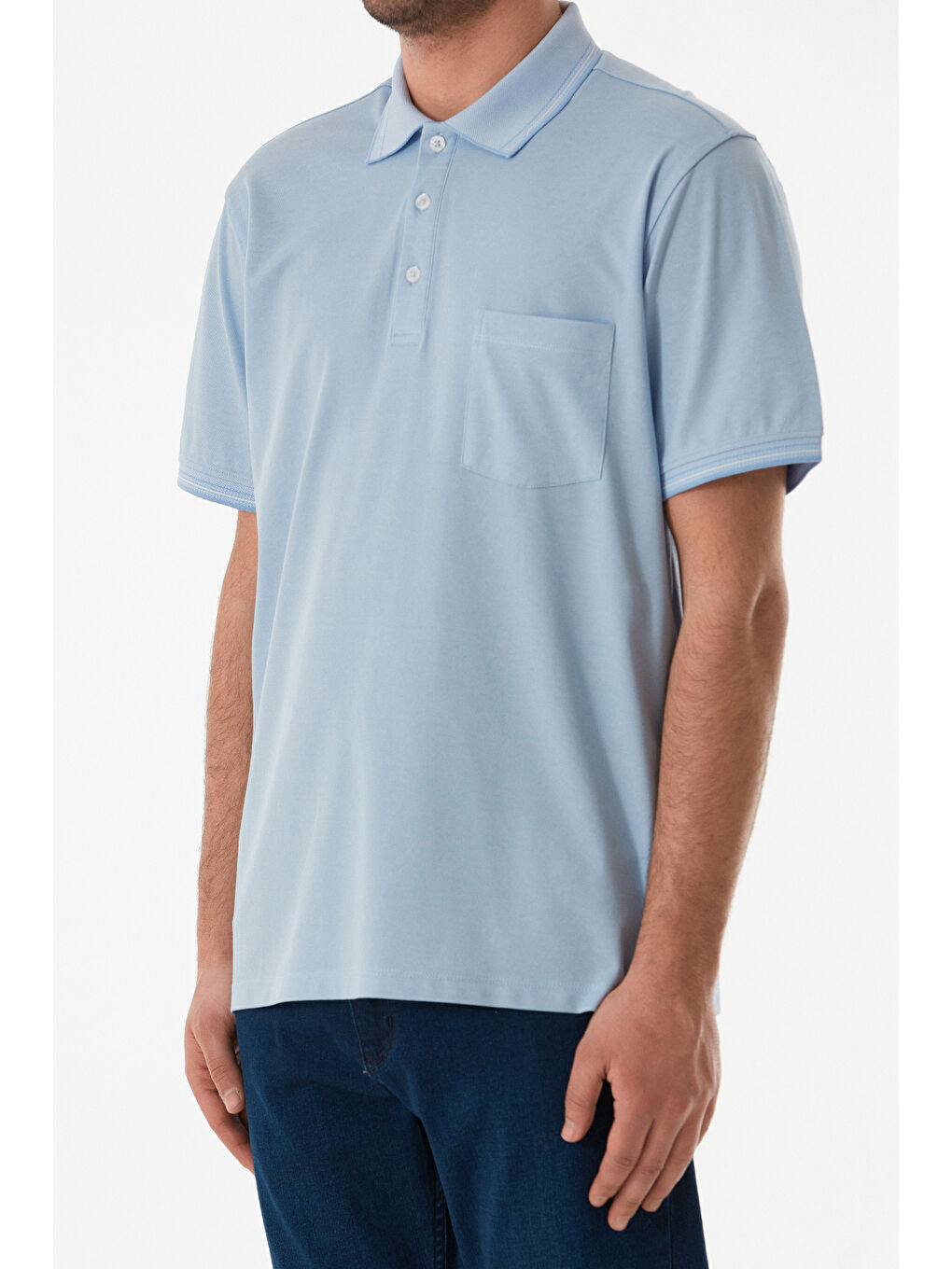 Mavi Cepli Düğmeli Polo Yaka Tişört-4