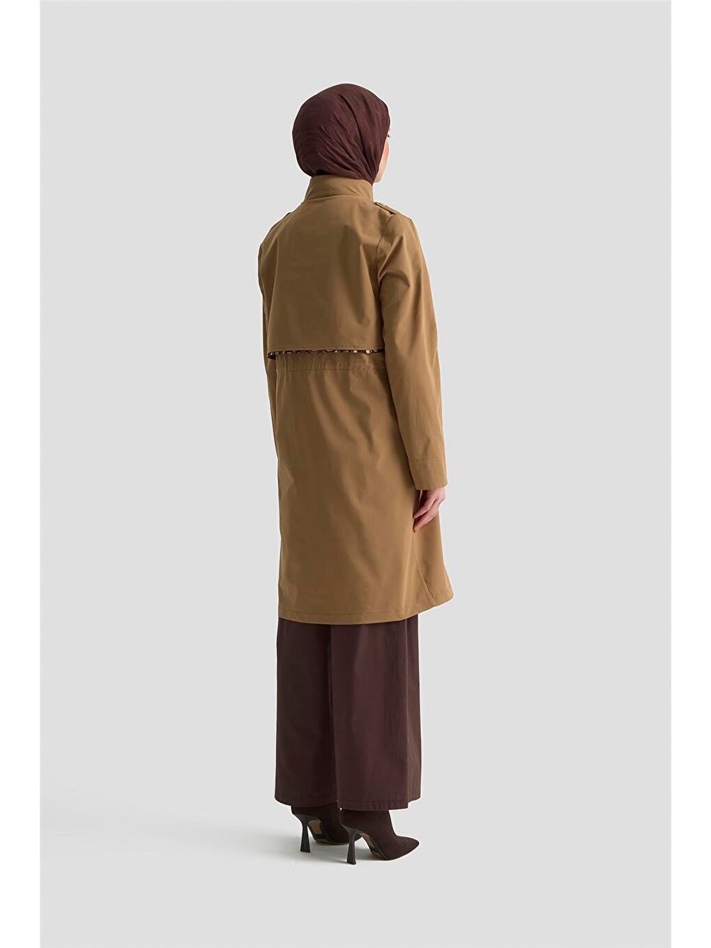 Kahverengi Beli Büzgülü Trençkot 25Kd4029 Camel-5