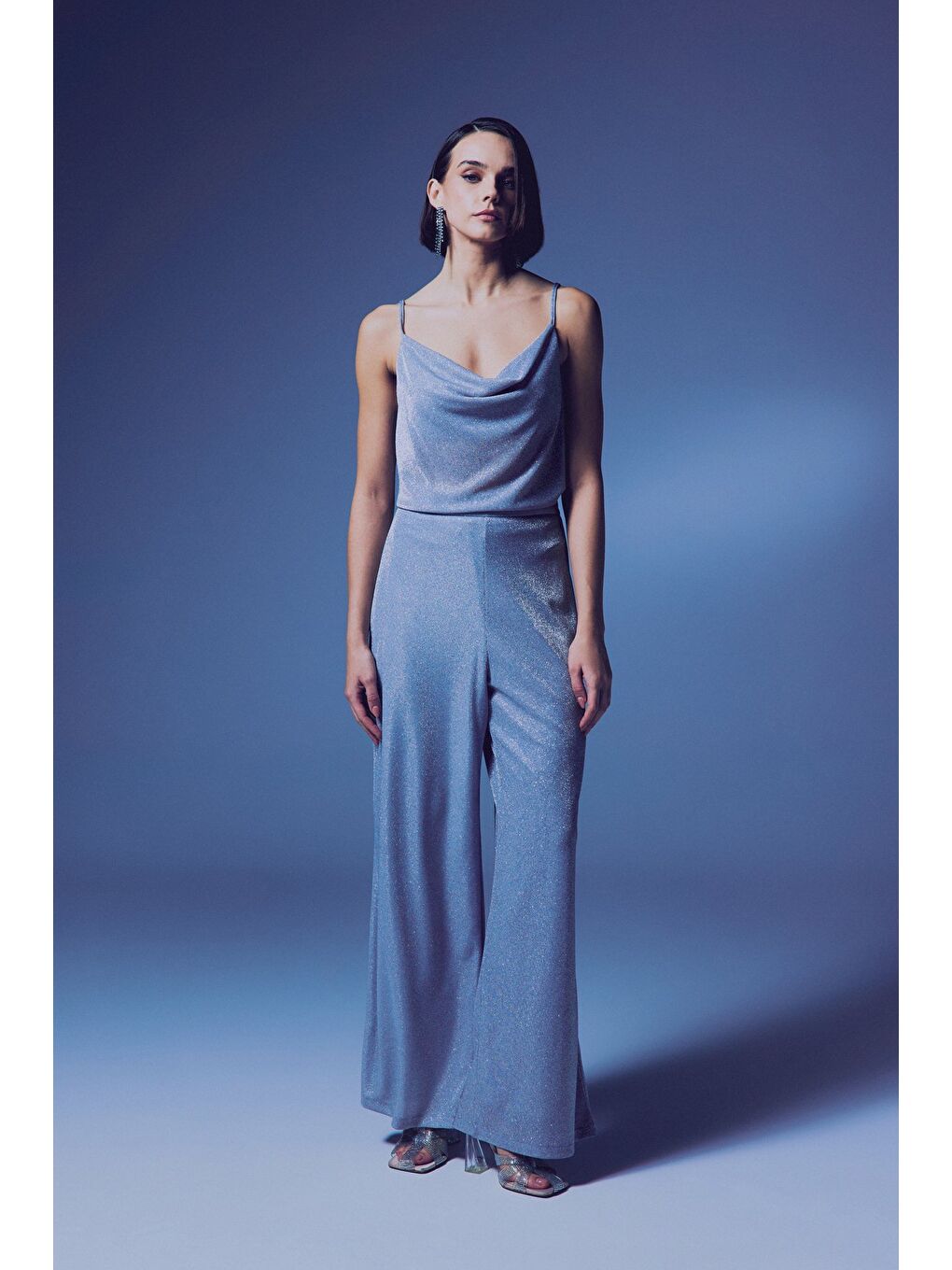 Gri Simli Degaje Yaka Bluz - Gümüş-5