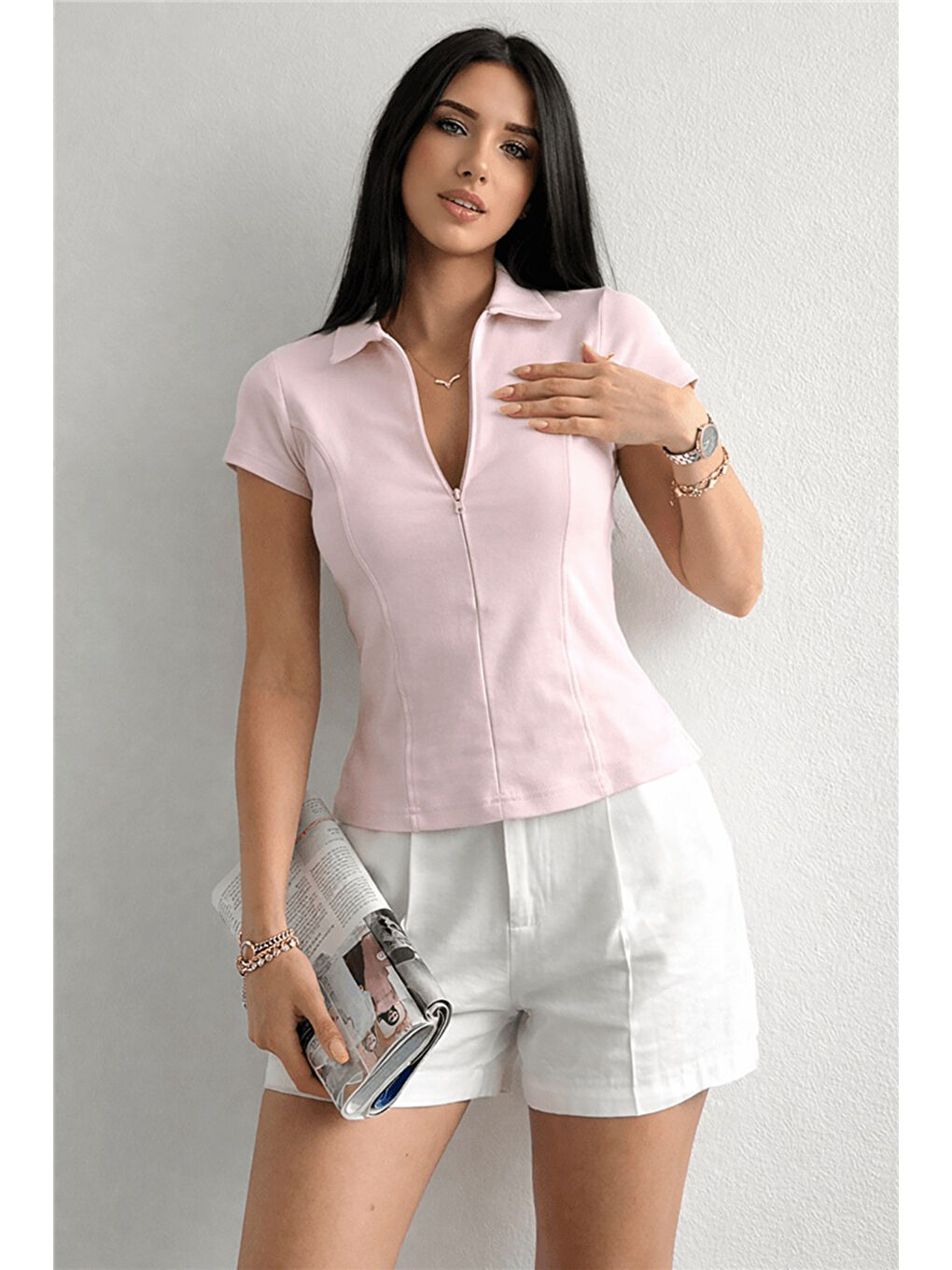 Pembe Pamuklu Fermuarlı Polo Yaka Kadın T Shirt 26Y0332K1-1