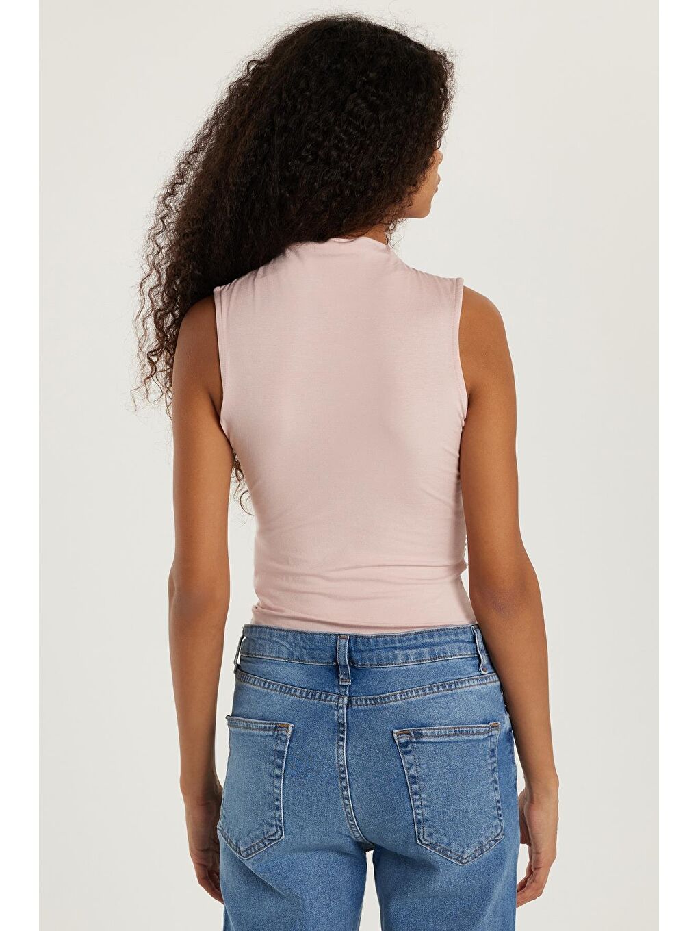 Pembe Kadın Slim Fit Viskon Sıfır Kol Boğazlı Gül Kurusu Bluz-4