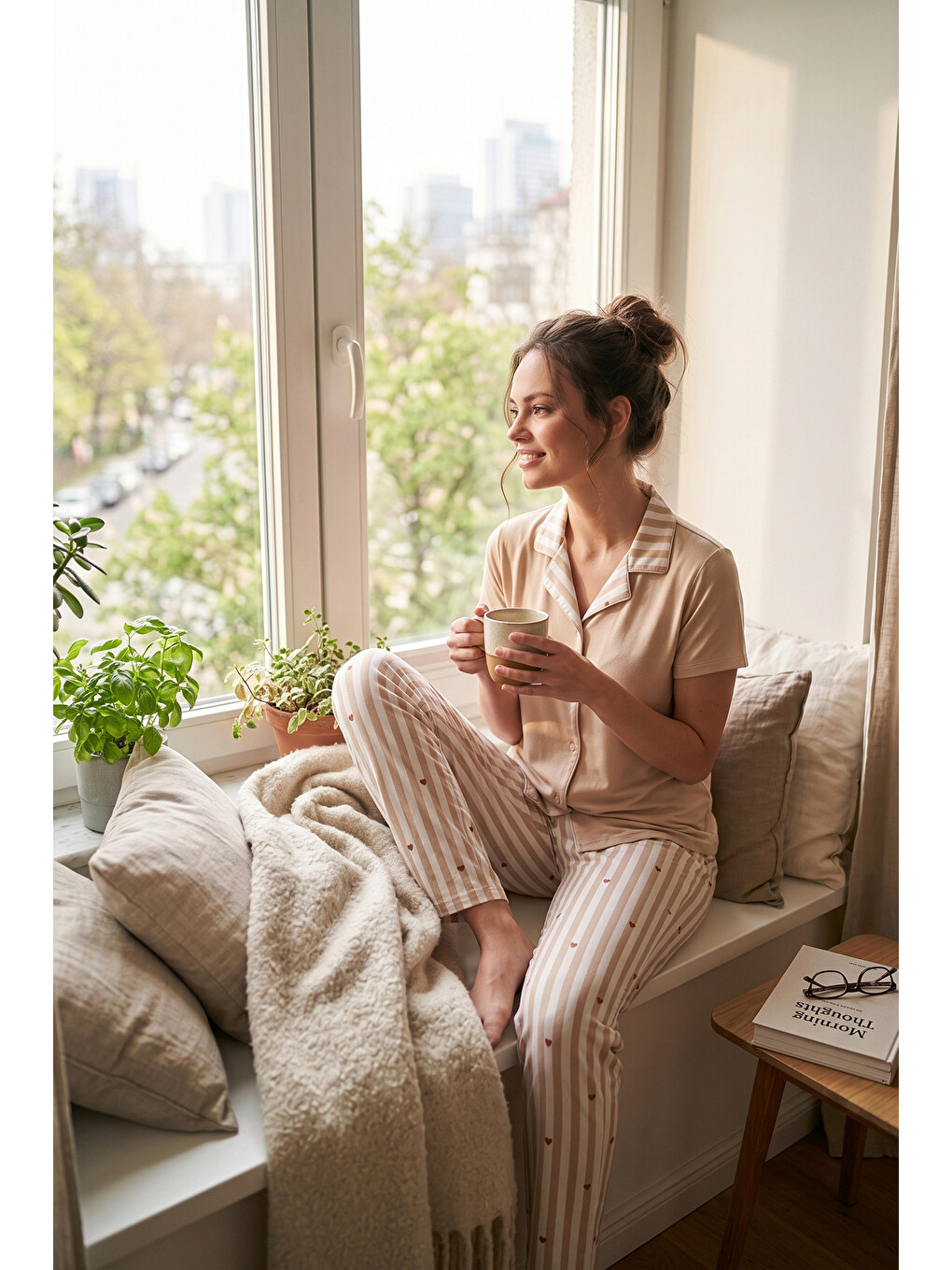 Beyaz Desenli Yumuşak Dokulu Kısa Kollu Pijama Takımı 65750120