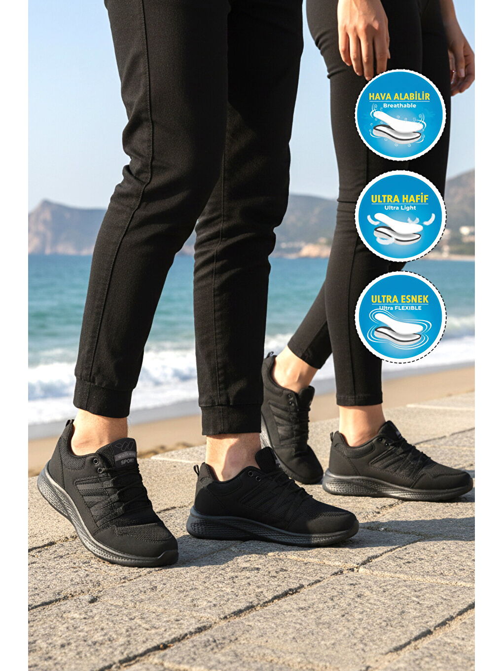 Siyah Fileli Hafif Bağcıklı Unisex Spor Ayakkabı 2029 G-2