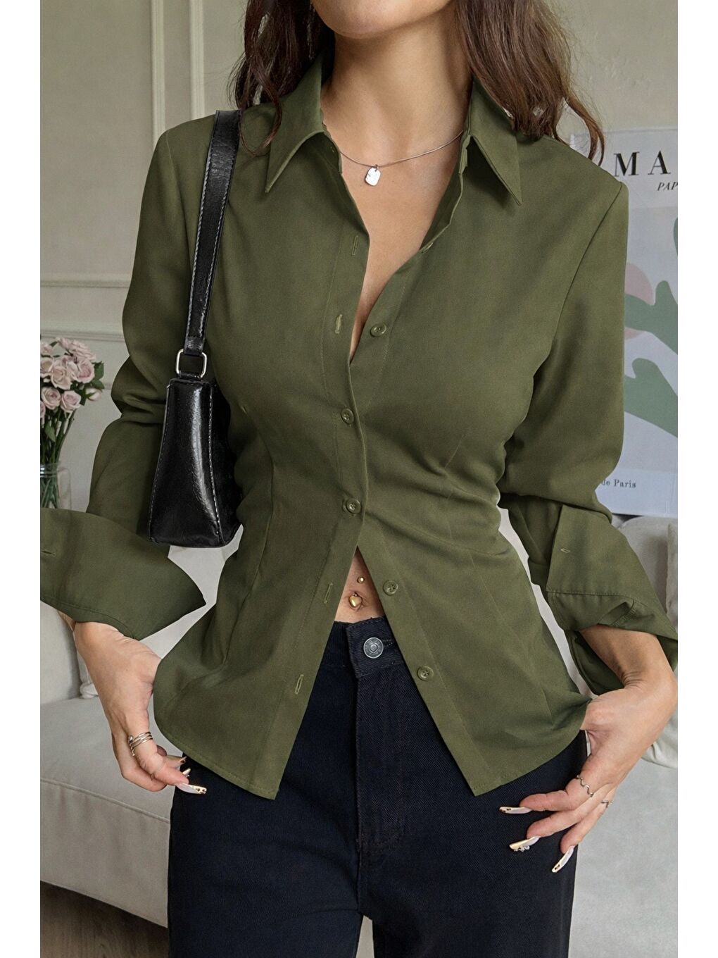 Haki Kadın Arkası Bağcıklı Gömlek Slim Fit Günlük ve Ofis Kombin Modern Tasarım-4