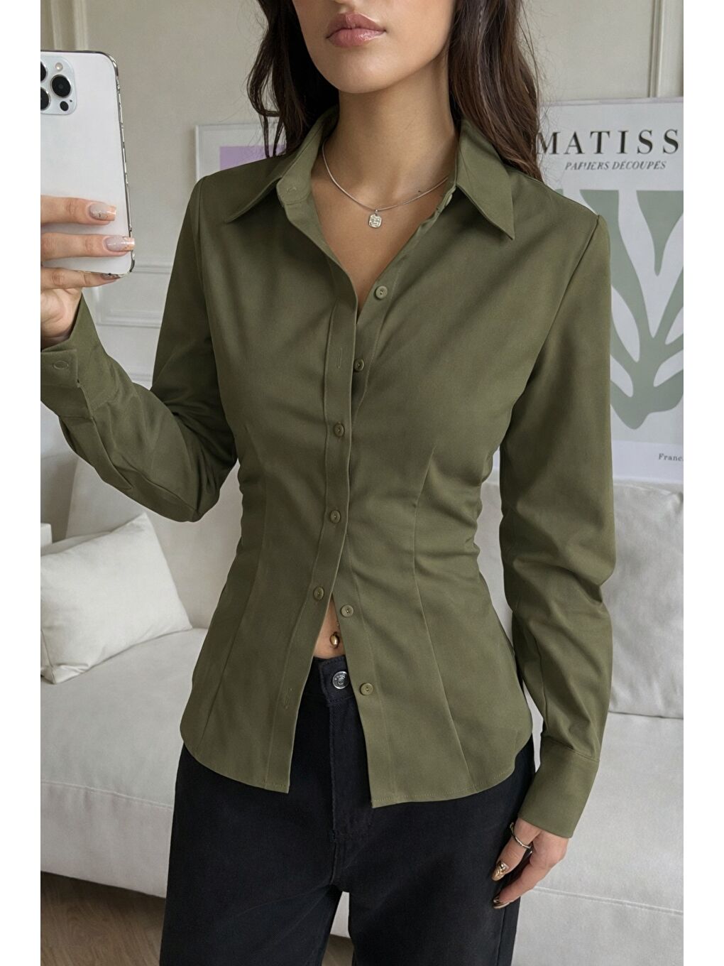 Haki Kadın Arkası Bağcıklı Gömlek Slim Fit Günlük ve Ofis Kombin Modern Tasarım-5