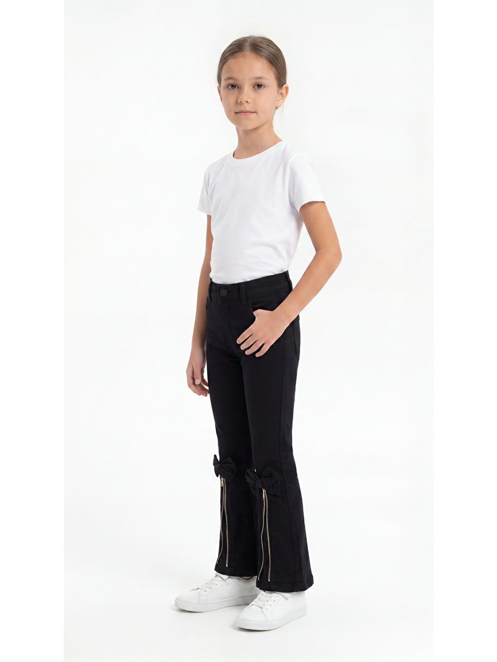 Siyah Fermuar Detaylı Kız Çocuk Jean Pantolon-1