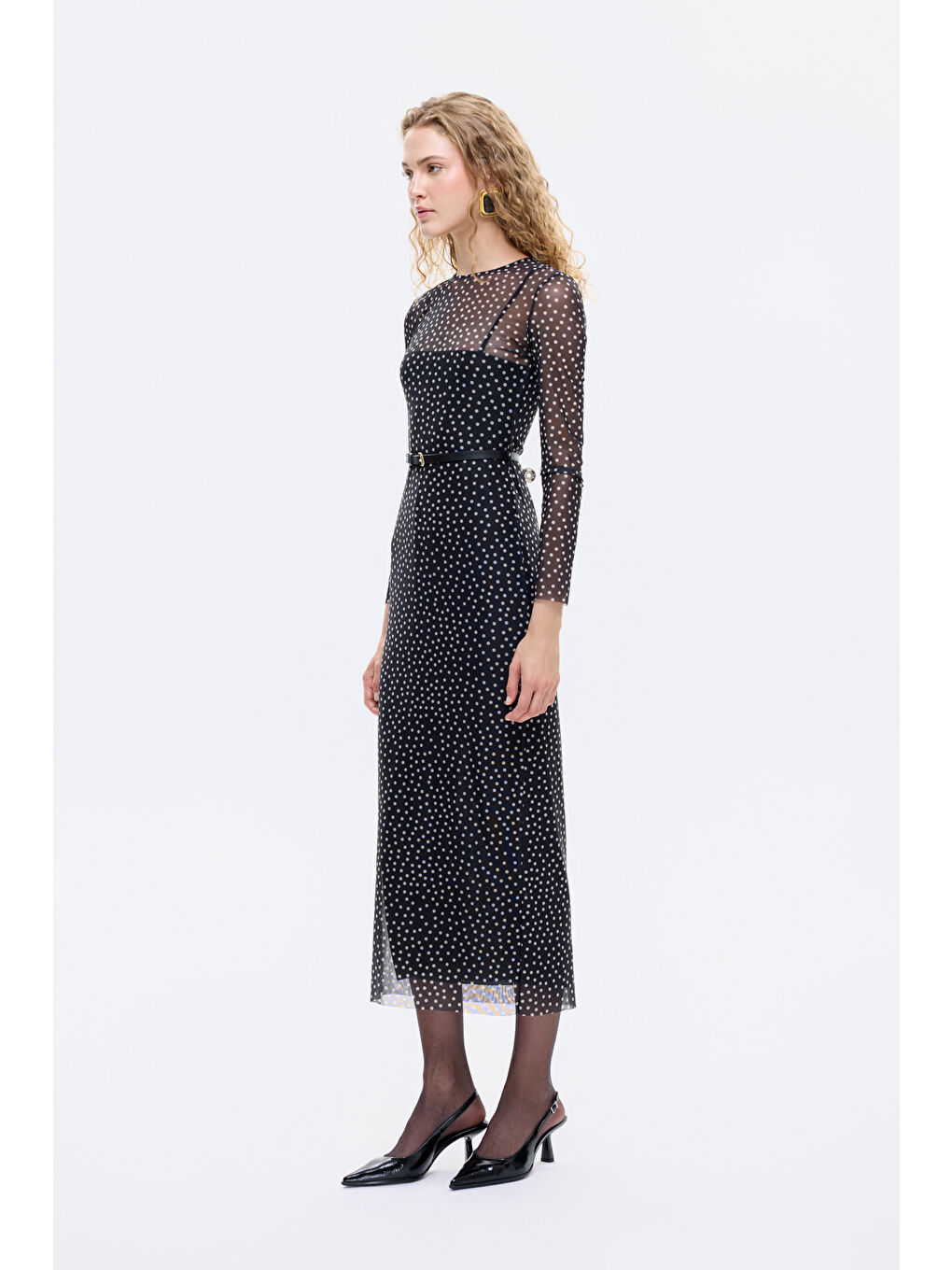 Kemer Aksesuarlı Puantiyeli Transparan Midi Elbise Siyah-3